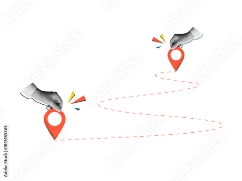 Black and white hands holds a red location pins connected by a dotted path line. Destination sign in an arms. Modern photo collage style. Illustration on a transparent background