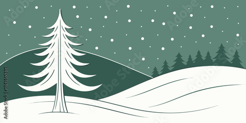 A serene winter scene featuring a snow-covered landscape with a prominent evergreen tree in the foreground. Gentle snowflakes fall from a teal sky, while a line of dark pine trees stretches across.
