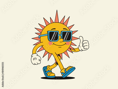 A retro cartoon sun character wearing sunglasses and sandals, walking and giving a thumbs-up gesture, on a plain background.