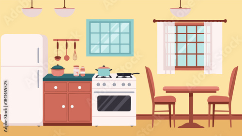 Cartoon illustration of a cozy kitchen interior with a refrigerator, stove, counter, and dining table.
