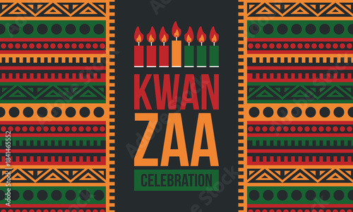 Kwanzaa Happy Celebration. African and African-American culture holiday. Seven days festival, celebrate annual from December 26 to January 1. Black history. Poster, card, banner and background. Vector