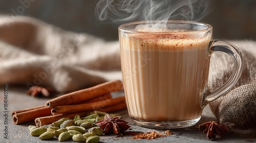Fototapeta Naklejka Na Ścianę i Meble -  Warm beverage photography features a glass of spiced masala chai latte with cinnamon sticks and scattered spices on a beige surface.