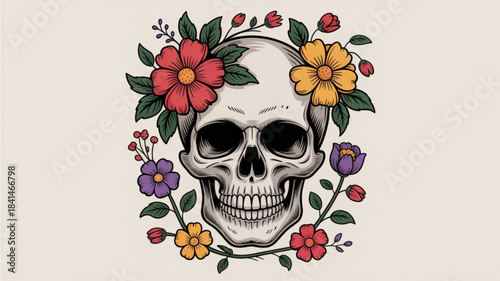 Detailed skull adorned with colorful flowers and green leaves