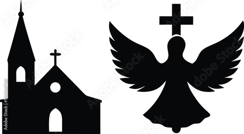 Christian religious Icons dove, angel, cross, church silhouette vector illustrations