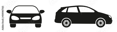 Black silhouette of abstract car, front and side view. Vector illustration isolated on white background