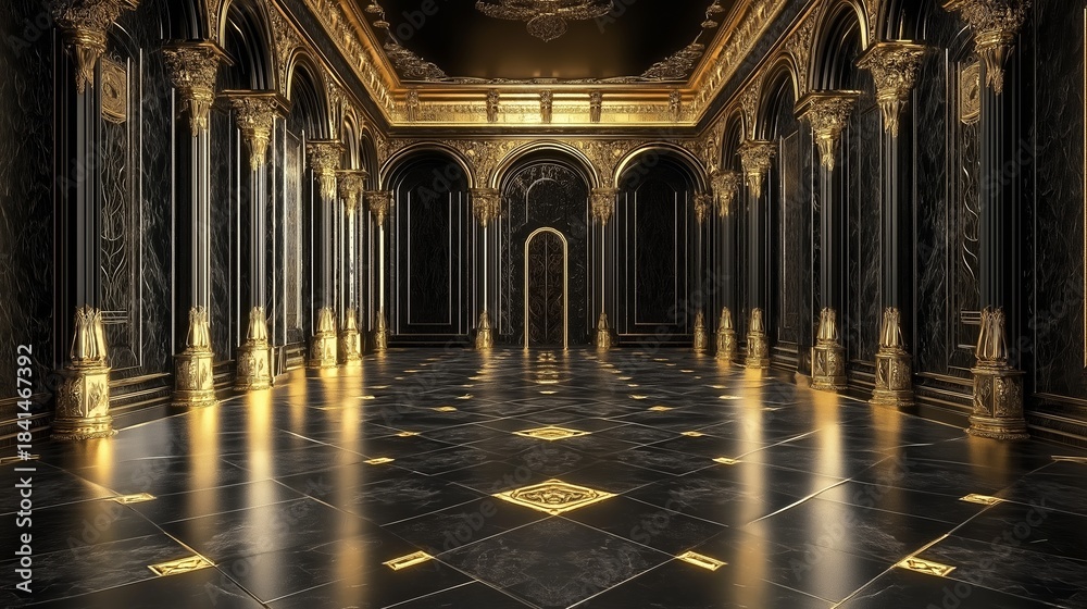 Naklejka premium Elegant black palace hall with golden details and marble flooring