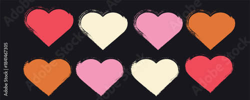 Heart collection. Doodle crayon drawn hearts collection. Grunge hearts icons. Set of colored charcoal hearts, cute love motif elements.