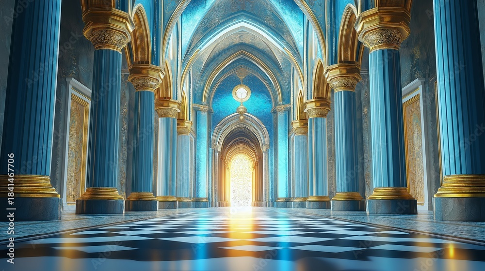 Naklejka premium Blue palace grand hall featuring ornate columns and intricate architectural details
