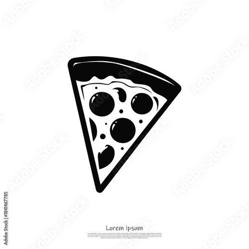 A classic slice of pizza displaying various toppings like pepperoni and cheese in a bold black silhouette