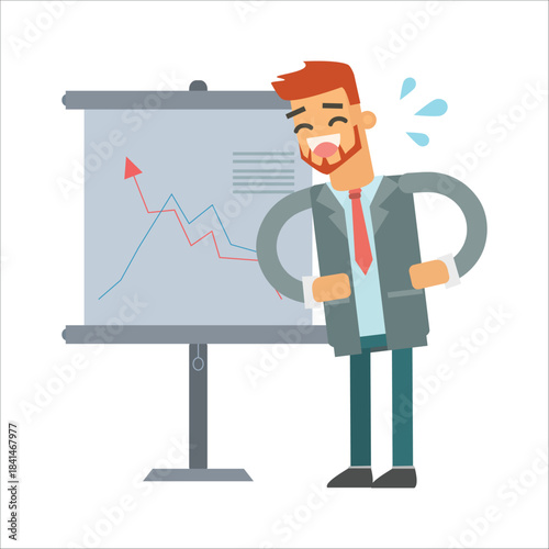 Businessman laughing nervously while sweating next to a negative chart report