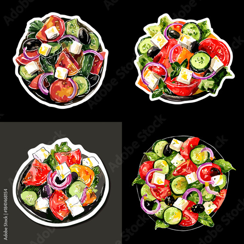 A set of greek salad bowl illustrations with fresh vegetables, olives and cheese in a vibrant healthy food style