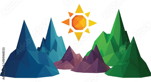 Low Poly 3D Rendering of Sun Rising Over Abstract Colorful Mountain Landscape with Geometric Shapes