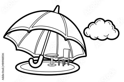 Large umbrella with a table and two chairs underneath, surrounded by a circular area, accompanied by a fluffy cloud, creating a cozy outdoor atmosphere for relaxation and leisure