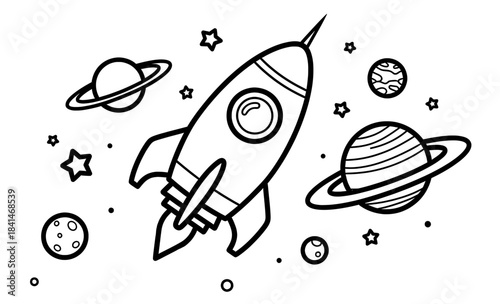 Rocket illustration surrounded by planets, stars, and moons in a whimsical space scene, perfect for coloring pages and creative activities for children and adults