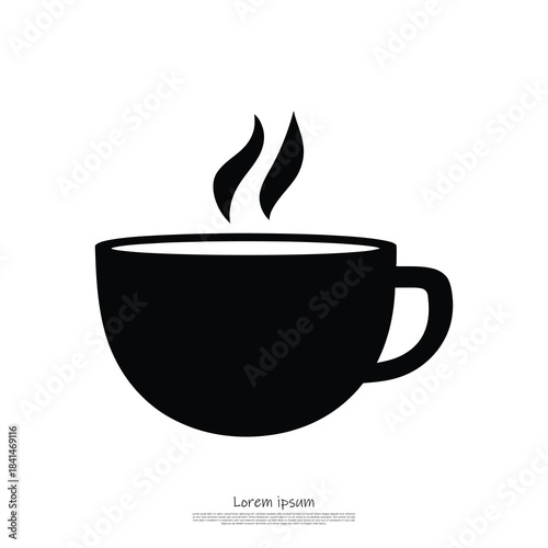A simple black silhouette icon of a steaming hot coffee cup on a clean white background