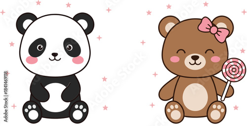 Cute panda and teddy bear characters sitting with stars, bow, and lollipop in adorable kawaii cartoon style illustration