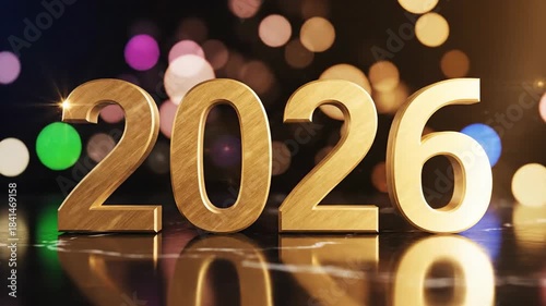 Golden 2026 year numbers on reflective surface with bokeh background