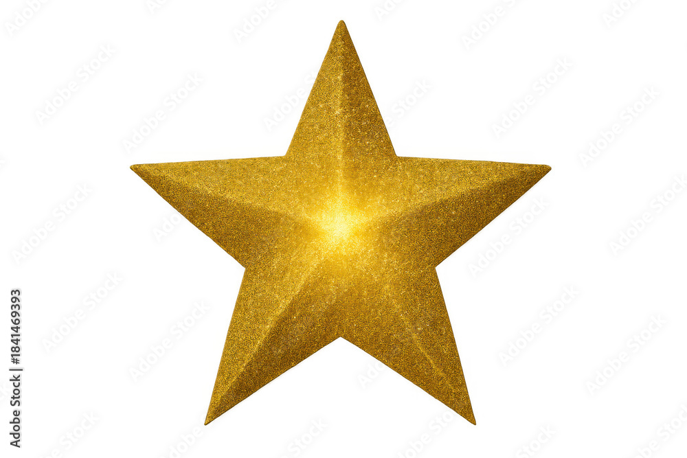 Obraz premium Gold textured star glowing with central light, isolated on a transparent background, symbolizing quality, celebration, and victory