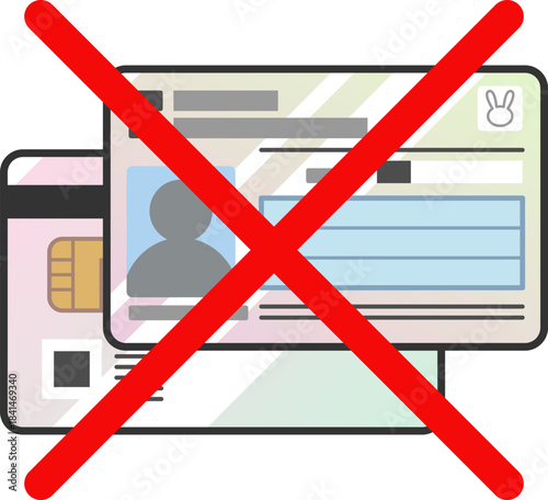 赤いバツ印で強調したマイナンバーカード表裏両面ベクターアイコン　日本の身分証・マイナ保険証のイラスト