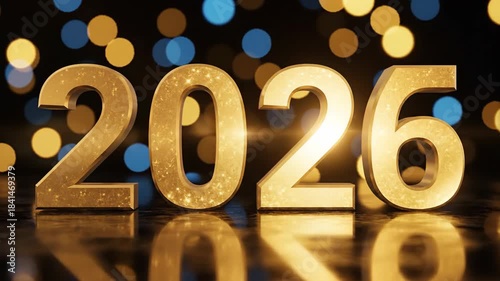 Golden 2026 year numbers on reflective surface with bokeh background