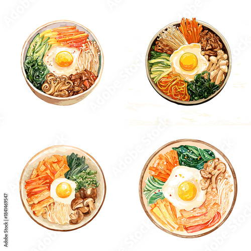 A set of bibimbap illustrations featuring mixed vegetables, rice, mushrooms and fried egg in a colorful artistic Korean food style.