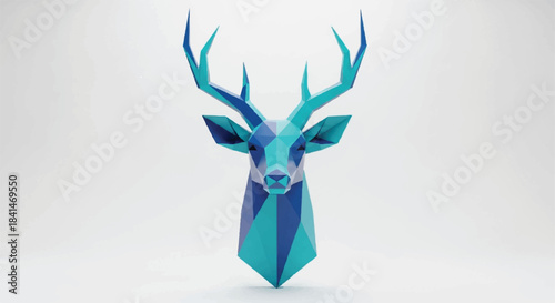 Abstract Low Poly Deer Portrait, Head and Antlers with Geometric Blue Pattern