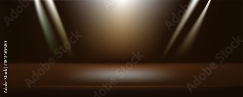 Empty dark brown studio background. Dark studio background. Abstract studio room platform design.