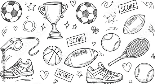Assortment of Hand Drawn Sports Equipment Icons on White Background symbols drawing