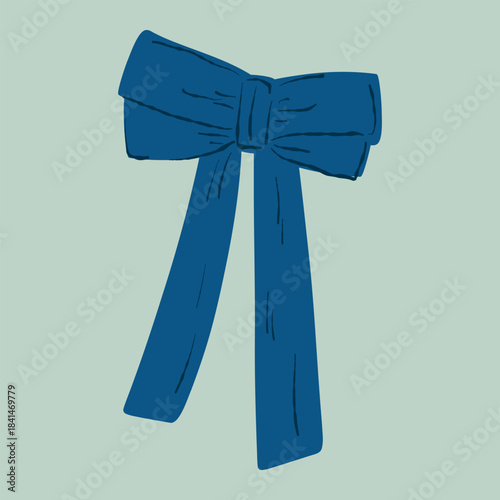 Narrow loop navy bow, slim ribbon knot. Slim blue bow illustration, delicate ribbon. Navy ribbon bow, narrow loop fashion icon