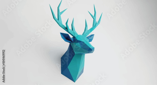 Minimalist Low Poly Deer Head Sculpture with Blue and Teal Antlers, Abstract Art