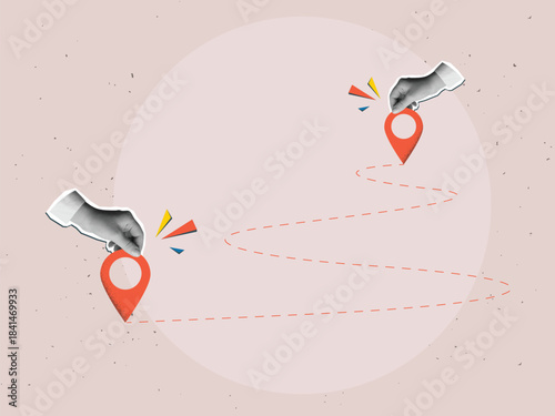 Black and white hands holds a red location pins connected by a dotted path line. Destination sign in an arms. Modern photo collage style. Vector illustration