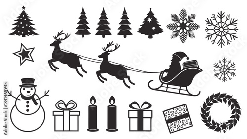 A festive collection of black silhouette Christmas icons featuring trees, snowflakes, Santa’s sleigh, and gifts.