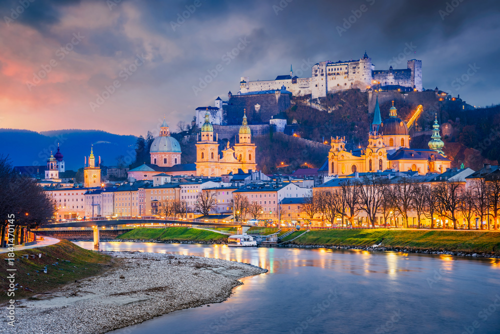 Fototapeta premium Salzburg, Austria. Beautiful view of Festung Hohensalzburg and Salzach River