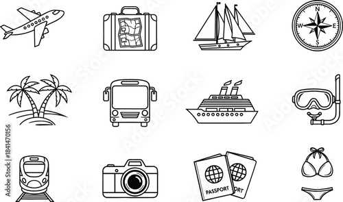 Minimalist Line Art Vector Icon Set of 12 Travel and Holiday Symbols, Including Airplane, Passports, Cruise Ship, and Diving Mask for Vacation Design