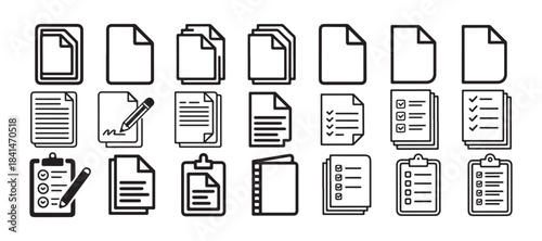Document File Icons Set. Search, Download, Upload, Delete, Lock, Image, PDF, Folder Line Symbols. vector illustration eps 10