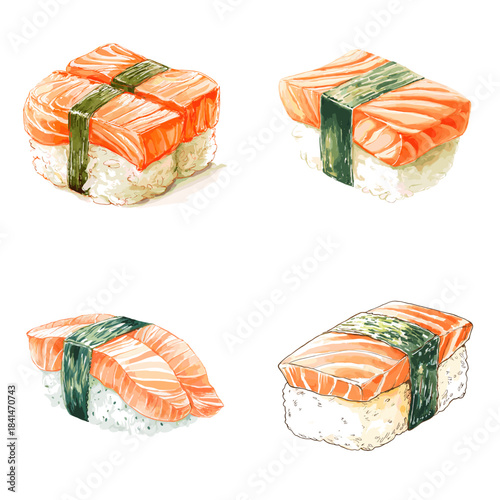 A set of salmon nigiri sushi illustrations featuring fresh fish slices on pressed rice wrapped with seaweed in a detailed artistic food style.