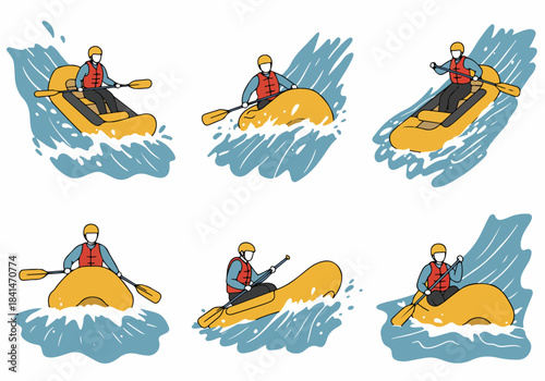 Dynamic vector illustrations of a person whitewater rafting or kayaking in various action poses, demonstrating adventure, outdoor sports, and navigating challenging rapids with splashes.