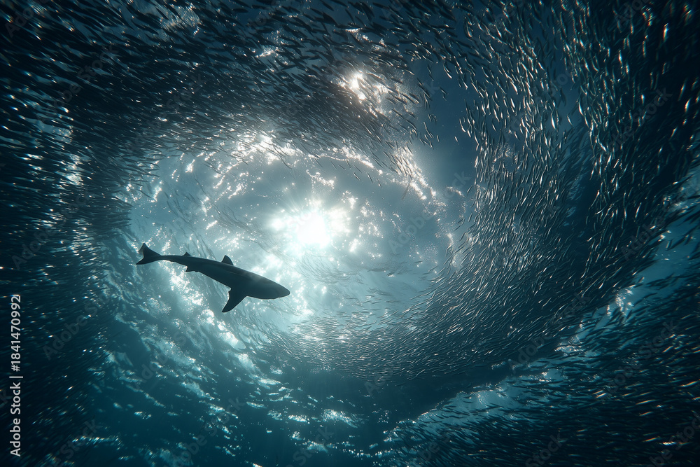 Naklejka premium Shark among fish in the sun's rays, view from below.