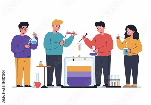 Diverse group of young scientists collaboratively conducting vibrant chemistry experiments with colorful liquids and lab equipment, fostering learning and discovery.