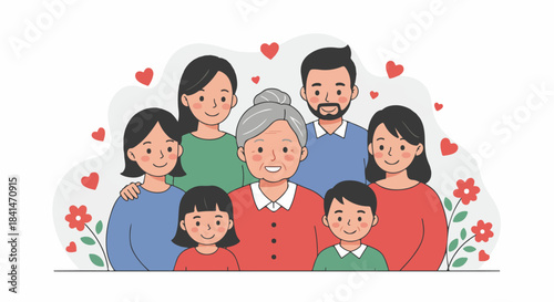 Happy multi-generational Asian family illustration with grandmother, parents, and children, surrounded by hearts and flowers, depicting love and togetherness.