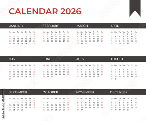 Vector calendar template for 2026 with the week starting on Saturday and weekends highlighted. This business calendar with black bars covers the entire 2026 year for planning, business, and education.