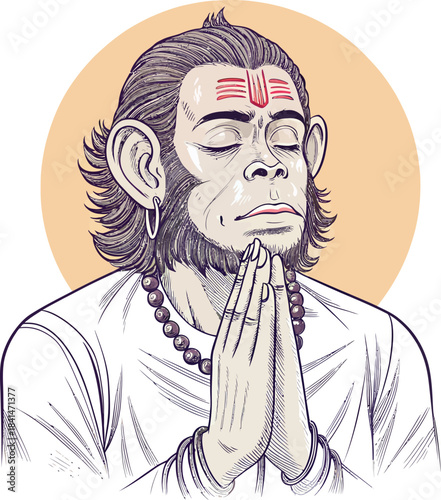 Lord Hanuman face with hands folded vector sketch