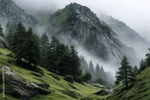 landscape of foggy forest and mountains