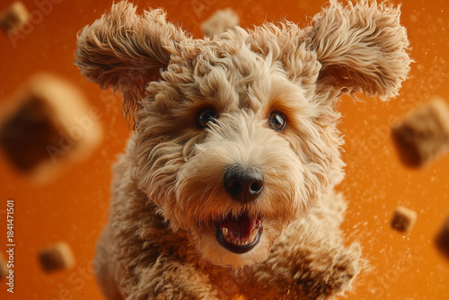 Dynamic dog photography, a playful and spirited dog, animal food ad, a delighted poodle, a dog with a vivid facial expression.