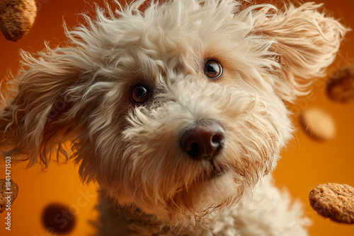 Action-packed photos of a dog, a happy and energetic dog, pet food commercial, an exuberant poodle, a dog with a highly expressive muzzle.