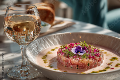High gastronomy, tartare as the centerpiece, a glass of white wine, a restaurant dinner paired with wine, tartare adorned with fresh flowers, a romantic evening, exquisitely presented dishes.