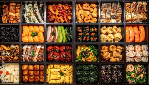 木製の仕切りに料理が整然と並ぶ日本料理ビュッフェバイキングの多彩な惣菜風景