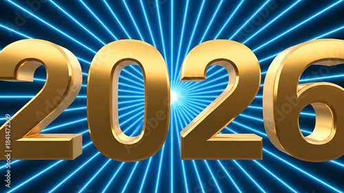 Golden 2026 year numbers with glowing blue rays and abstract background