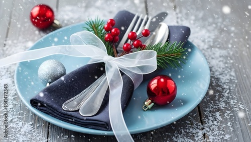 Festive christmas table setting with silverware and holiday decorations