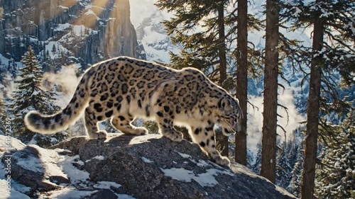 Snow leopard strides across rocky snow beneath pines, sunlit breath curling in dawn air. Soft winds